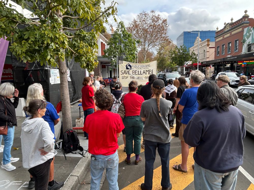 A protest by the Public Housing Action Network out the front of Paul Scully's office in Wollongong.